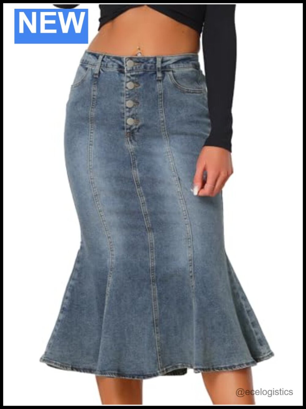 Women's High Rise Fishtail Midi Denim Skirt Casual Jean Skirt Regular Fit